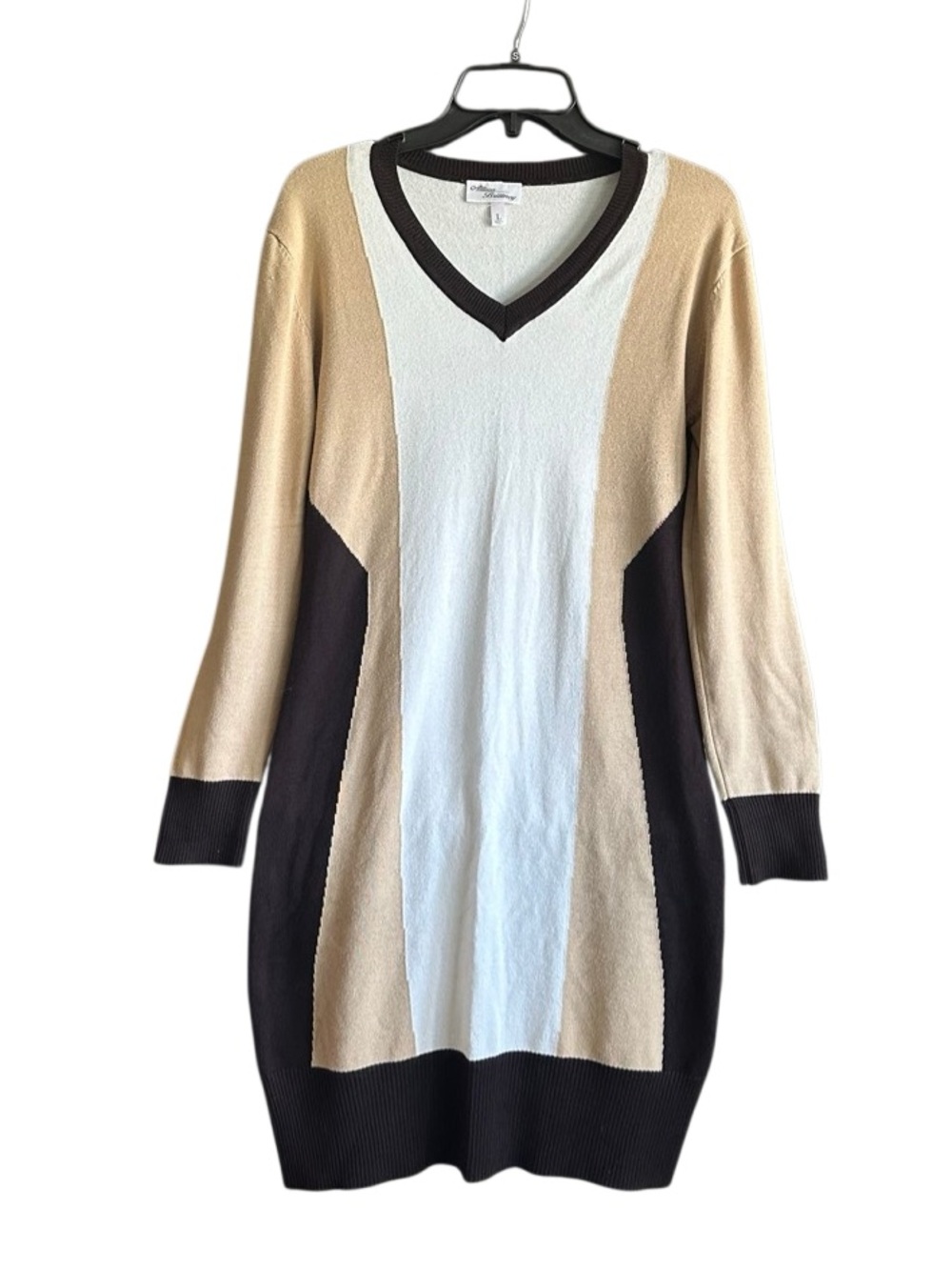 Allison Brittney Colorblock V-Neck Sweater Dress in Cream, Beige & Black. Large
